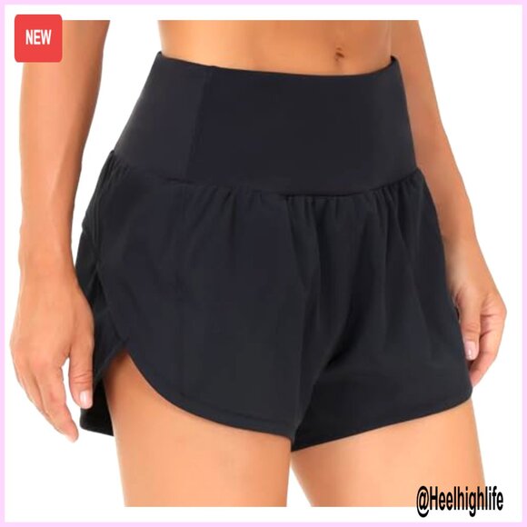 High Waisted Running Shorts Quick Dry Athletic Mesh Liner Zipper Pockets - Picture 2 of 6